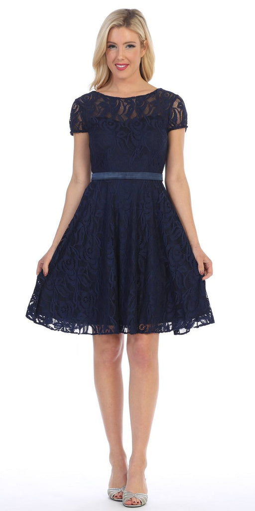 Celavie 6322 - Short Sleeve Lace Knee Length Dress Navy Blue ...