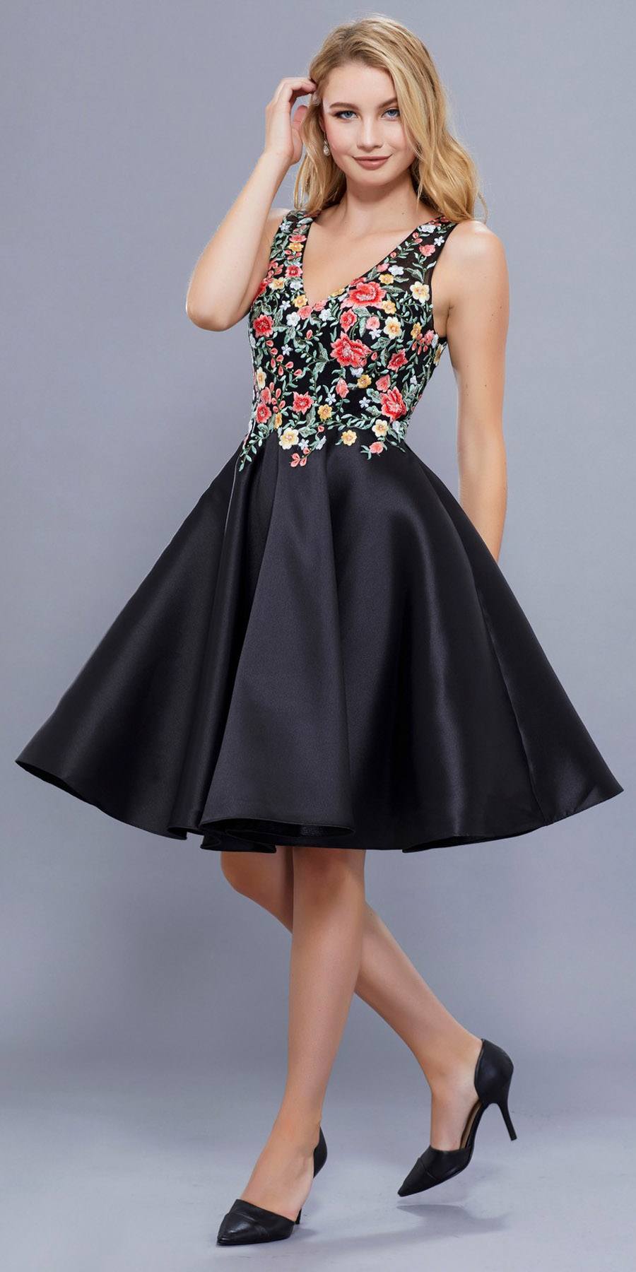 Knee Length Prom Dress A Line Black Floral Embroidered Bodice Discountdressshop