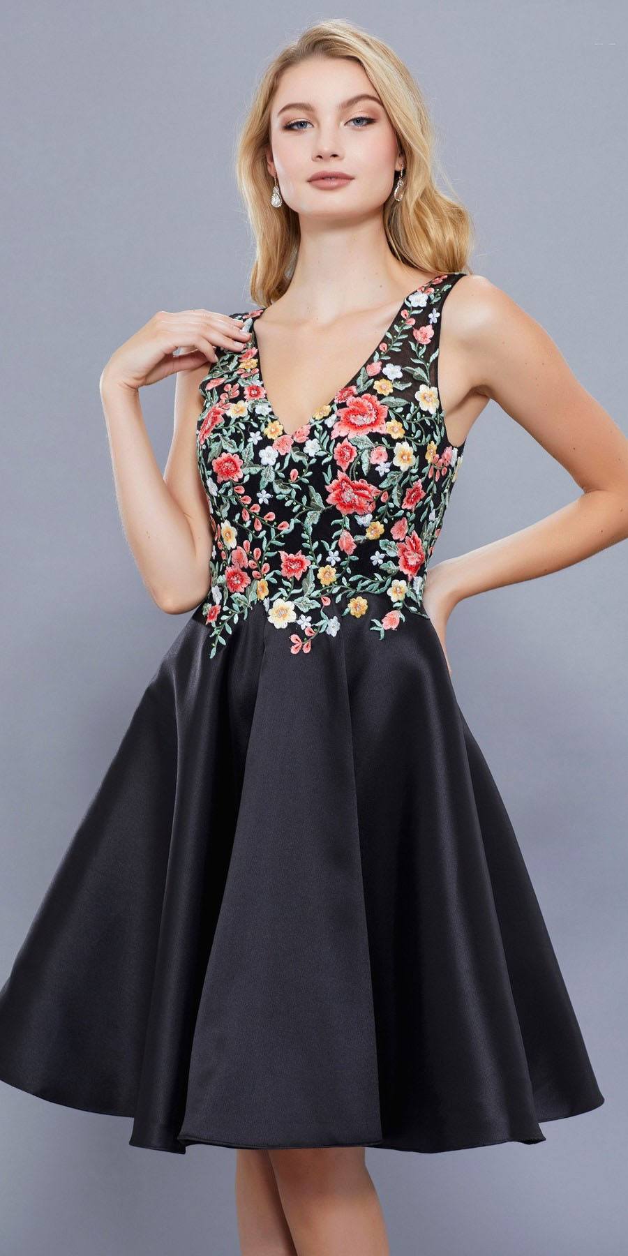 Knee Length Prom Dress A Line Black Floral Embroidered Bodice Discountdressshop 1839