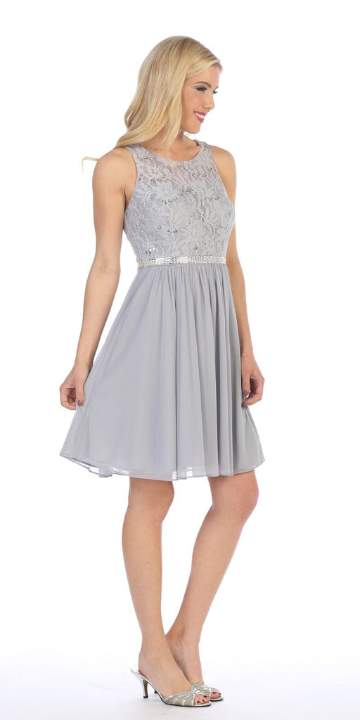 Celavie 6344 Silver Sleeveless Short Party Lace Dress A-line ...