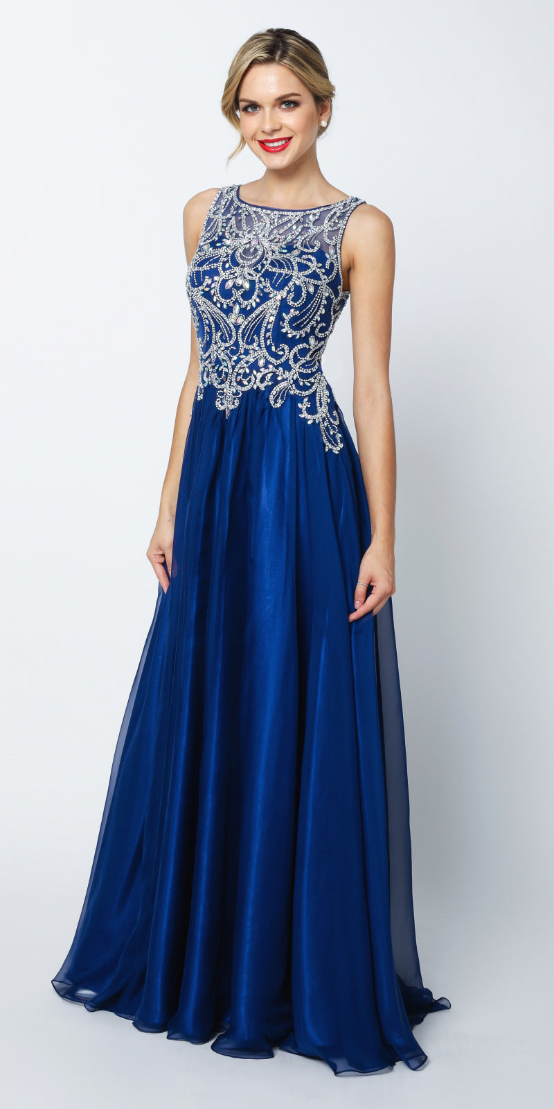 Juliet 635 Floor Length Prom Gown Rhinestone Top Sheer Back Navy Blue ...