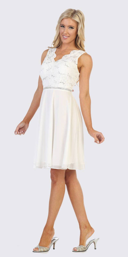 Celavie 6377 Off White Short Wedding Guest Dress with V-Neck