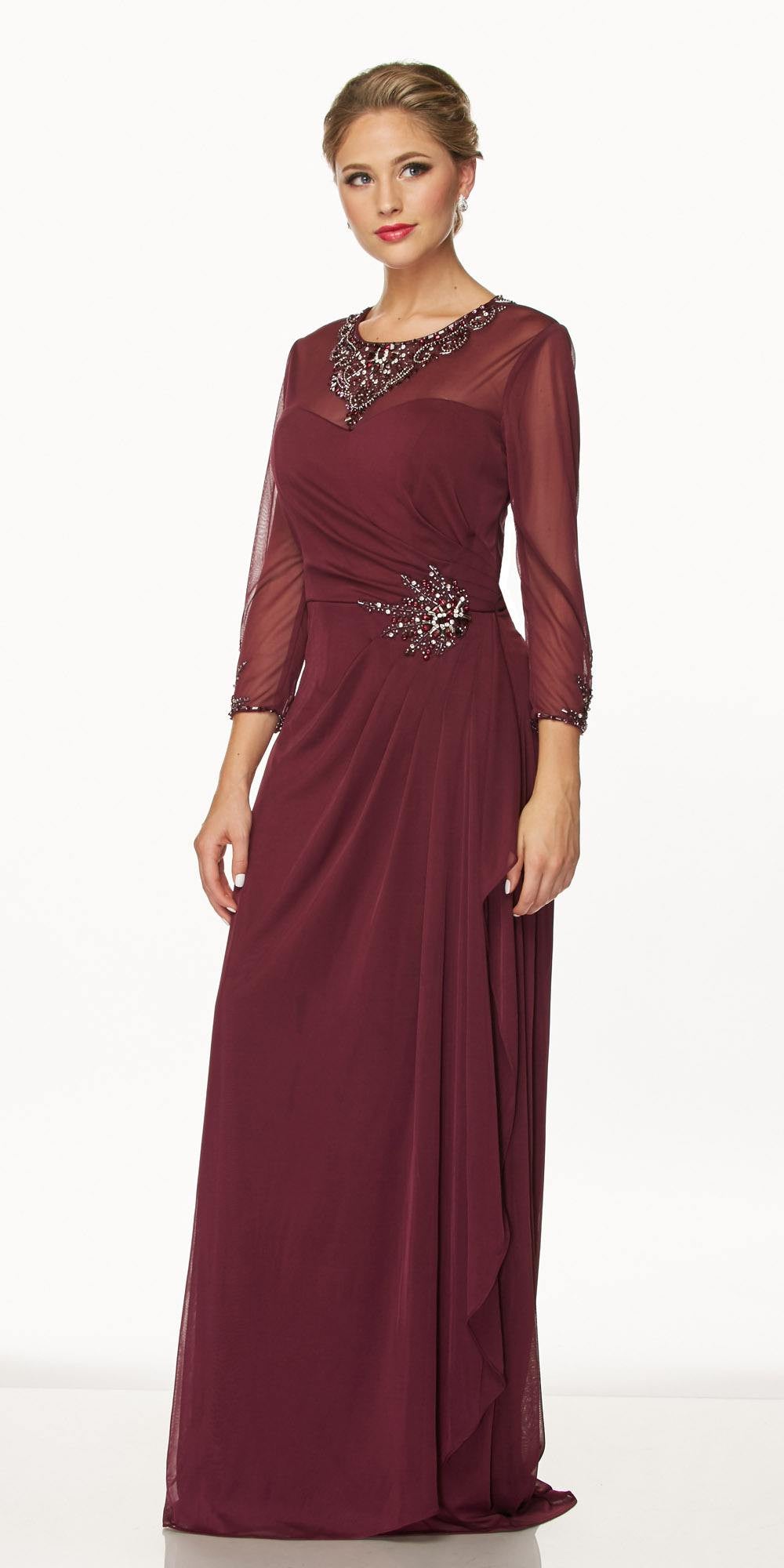 Juliet 638 Long Sleeve Formal Dress Embellished Illusion Neckline Plum ...