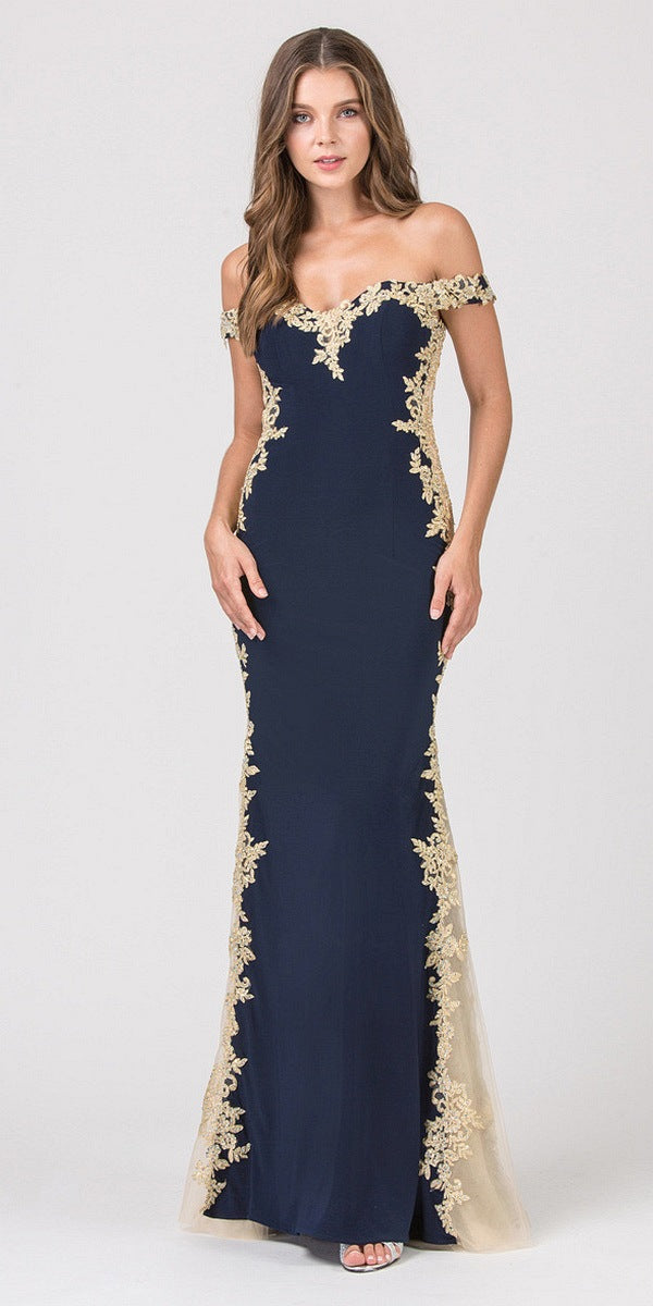 dark blue and gold prom dress