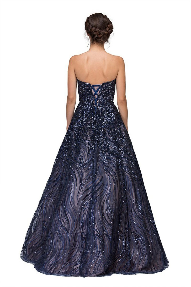 Eureka Fashion 7007 Navy Blue Strapless Sequins Prom Gown Corset Back ...