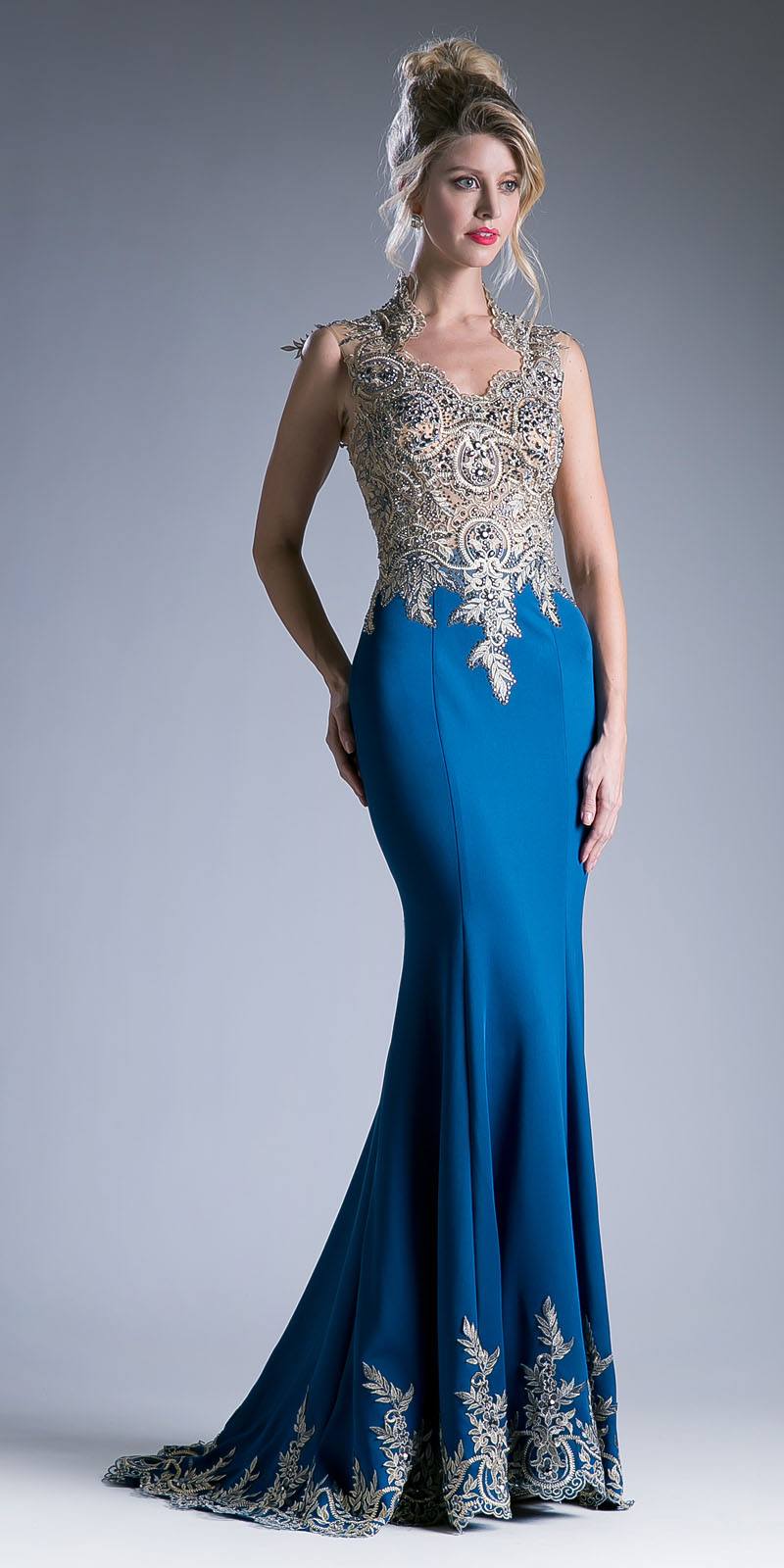 Teal Embroidered Mermaid Long Prom Dress Queen Anne Neckline ...
