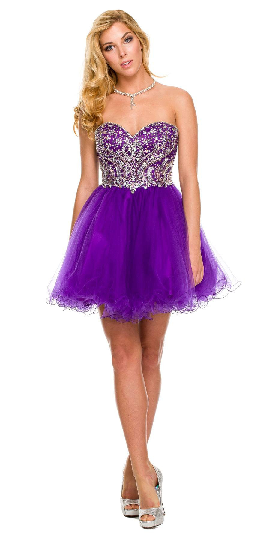 Short A Line Poofy Ball Gown Purple Tulle Skirt Strapless Beads ...