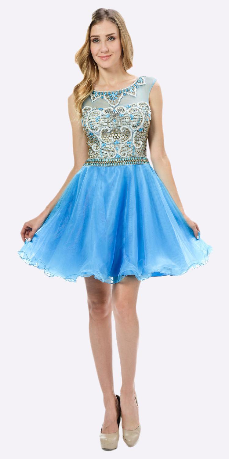 Sleeveless Sweet Sixteen Dress Embellished Bodice Tulle Skirt Blue ...