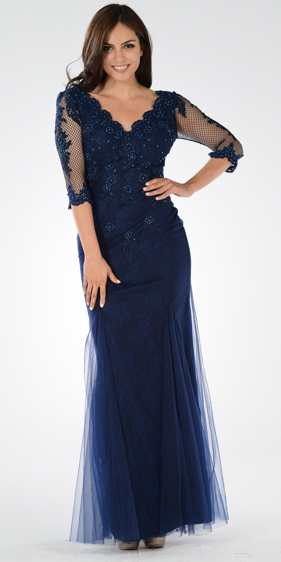 Poly USA 7582 Navy Mid Sleeves Lace V-Neck Fit and Flare Evening Gown ...