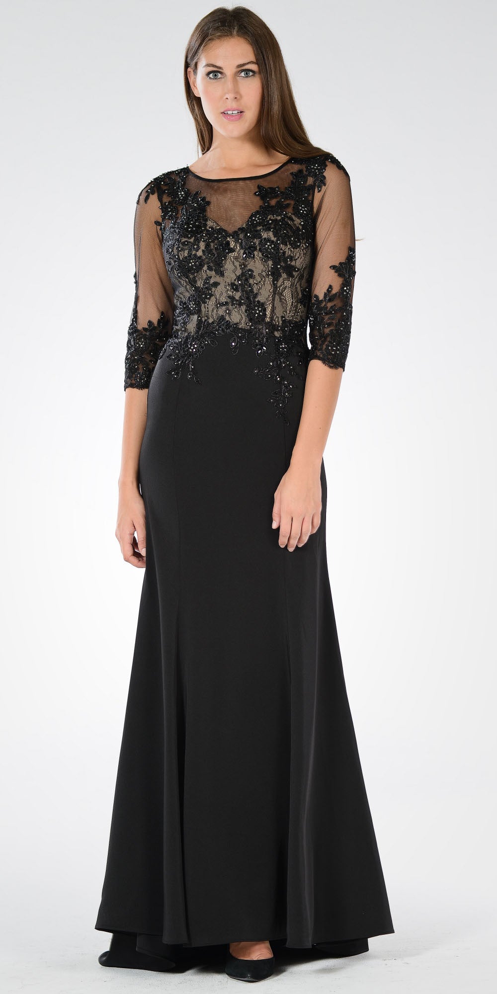 Poly USA 7756 Illusion Lace Top Mid Sleeves Fit and Flare Formal Dress ...
