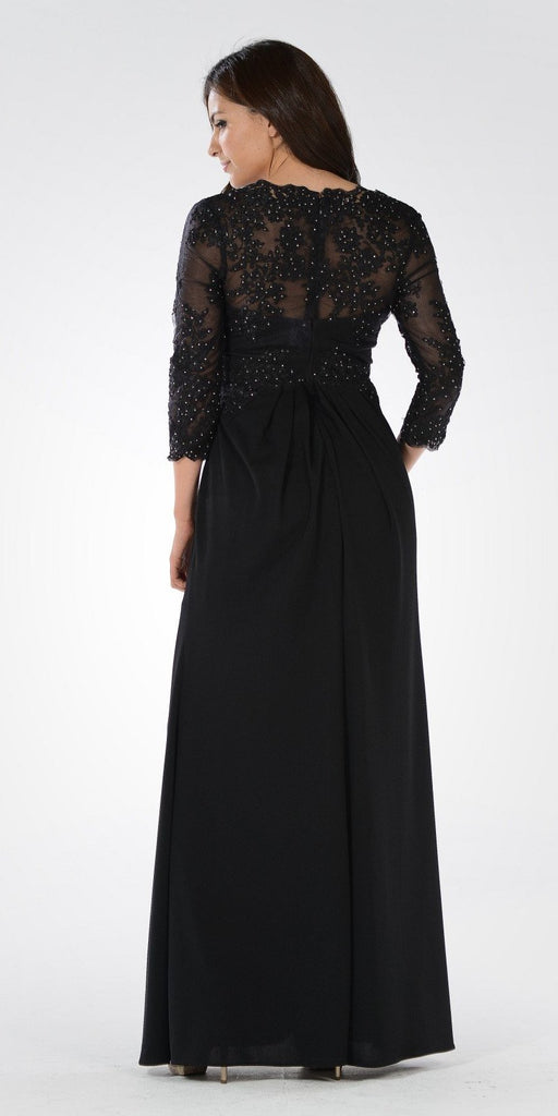 Poly USA 7812 Black Pleated Bodice Appliqued Waist and Sleeves Formal ...