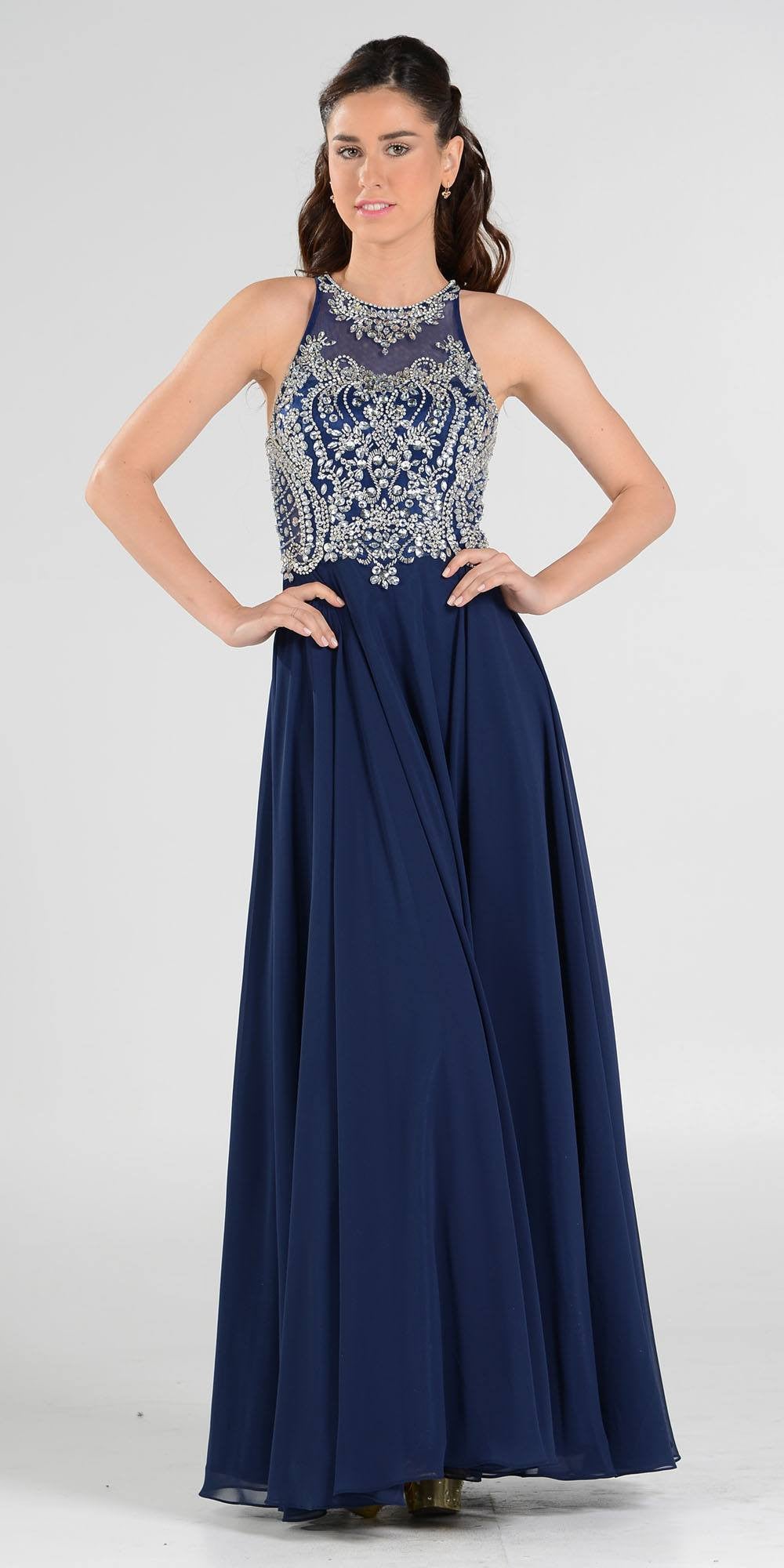 Rhinestone Embellished Bodice A Line Long Formal Dress  