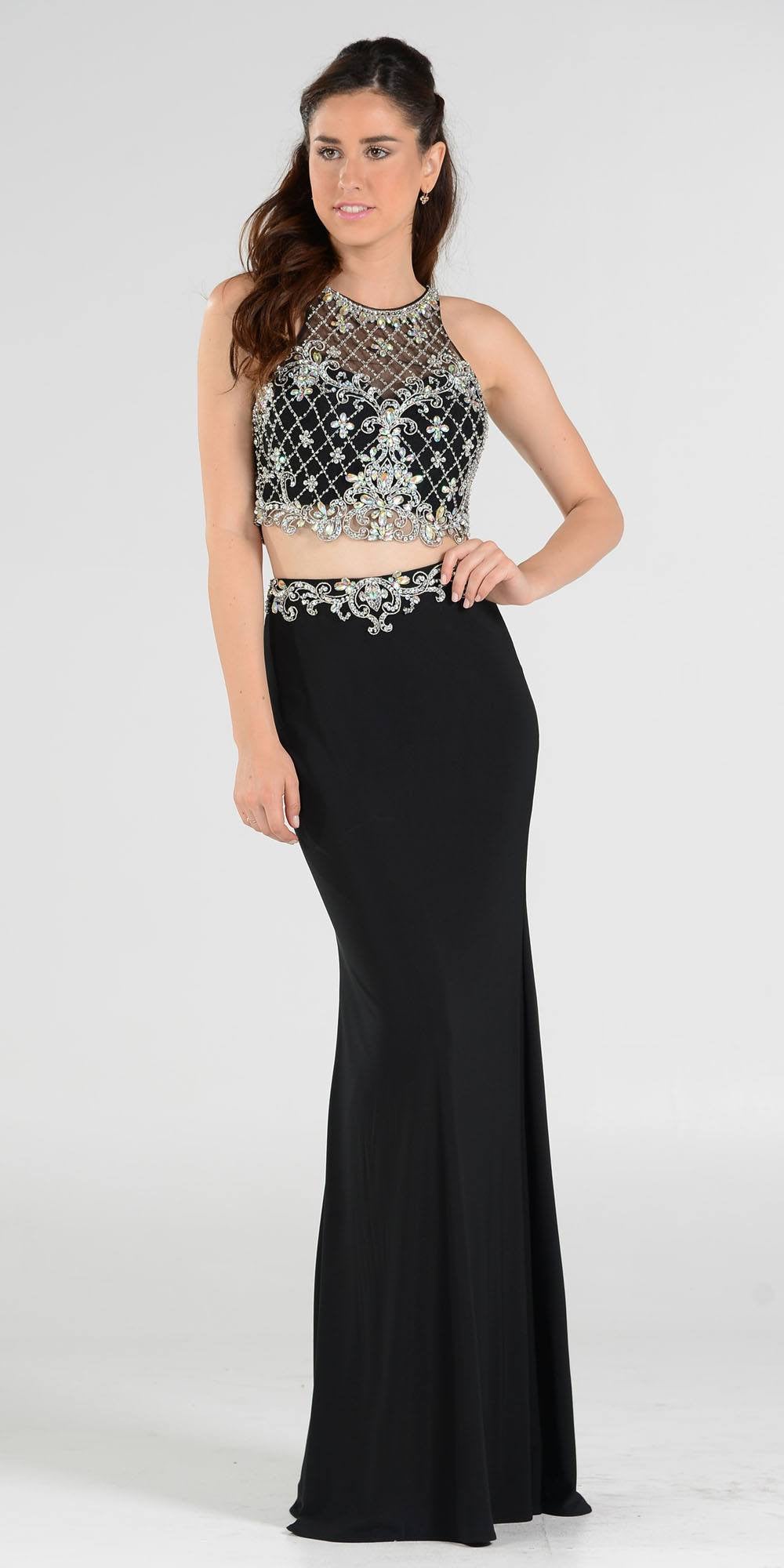 Two Piece Black Prom Gown With Embellished Crop Top And