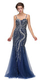 Rhinestone Embellished Mermaid Prom Gown Navy Blue