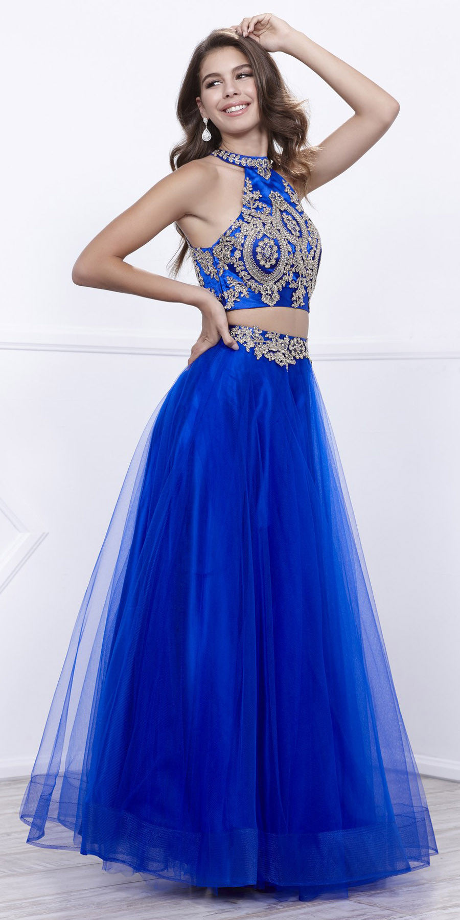 Royal Blue/Gold Embellished Halter Two-Piece Prom Dress Long