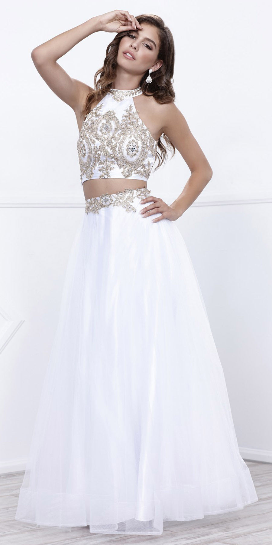 white and gold 2 piece prom dress