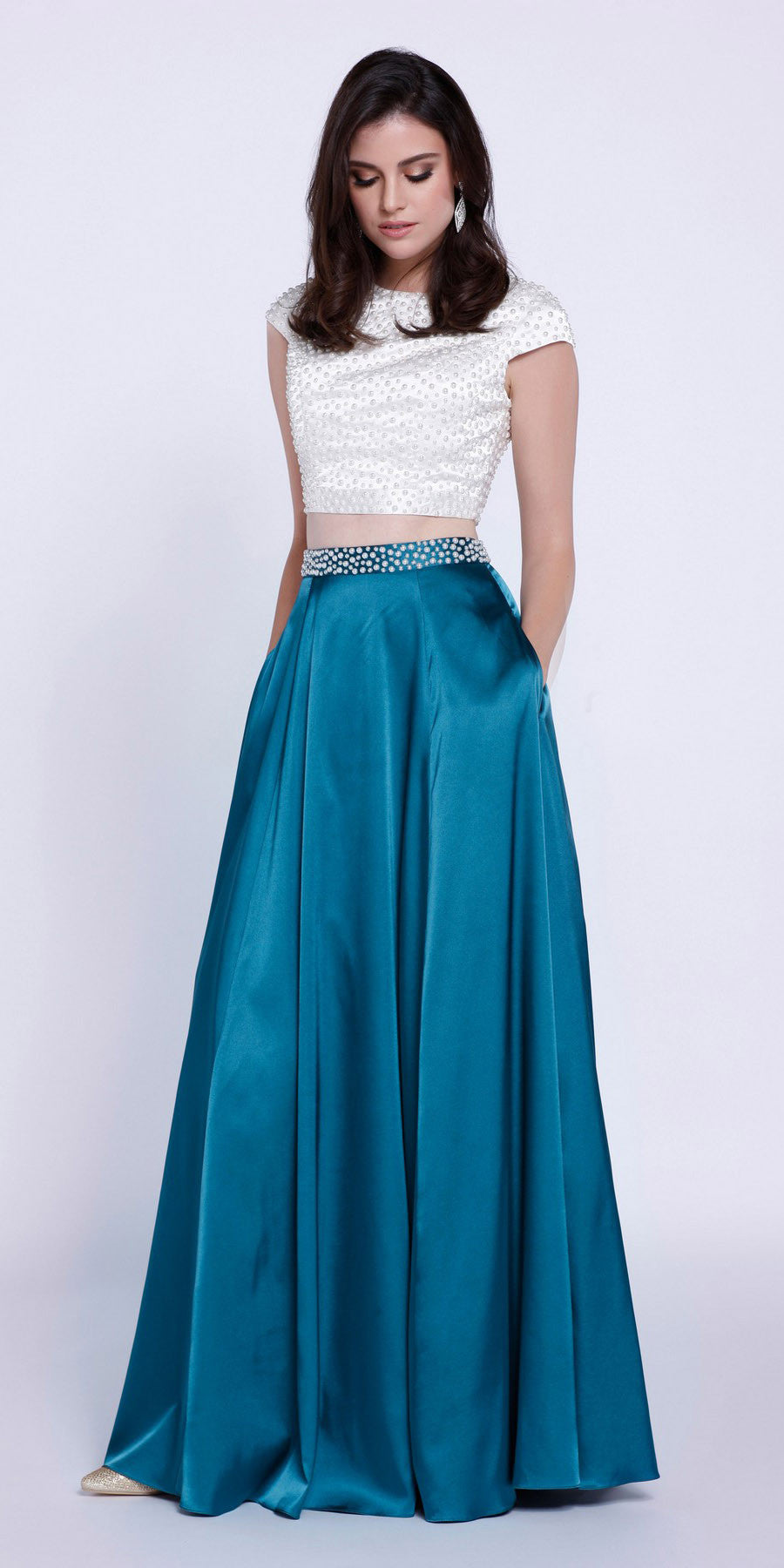 Crop Top Short Sleeves Two-Piece Satin A-Line Prom Gown Teal ...