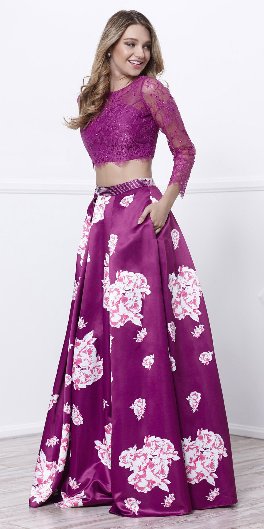 Magenta Lace Crop Top Satin Printed Skirt Prom Gown Long Sleeves ...