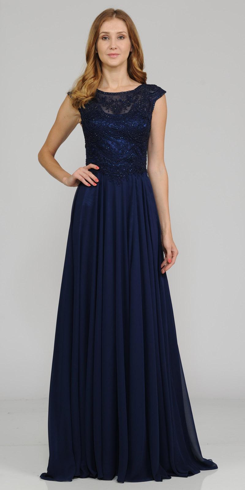 Poly USA 8254 Navy Blue Cap Sleeves Embroidered Long Formal Dress with ...