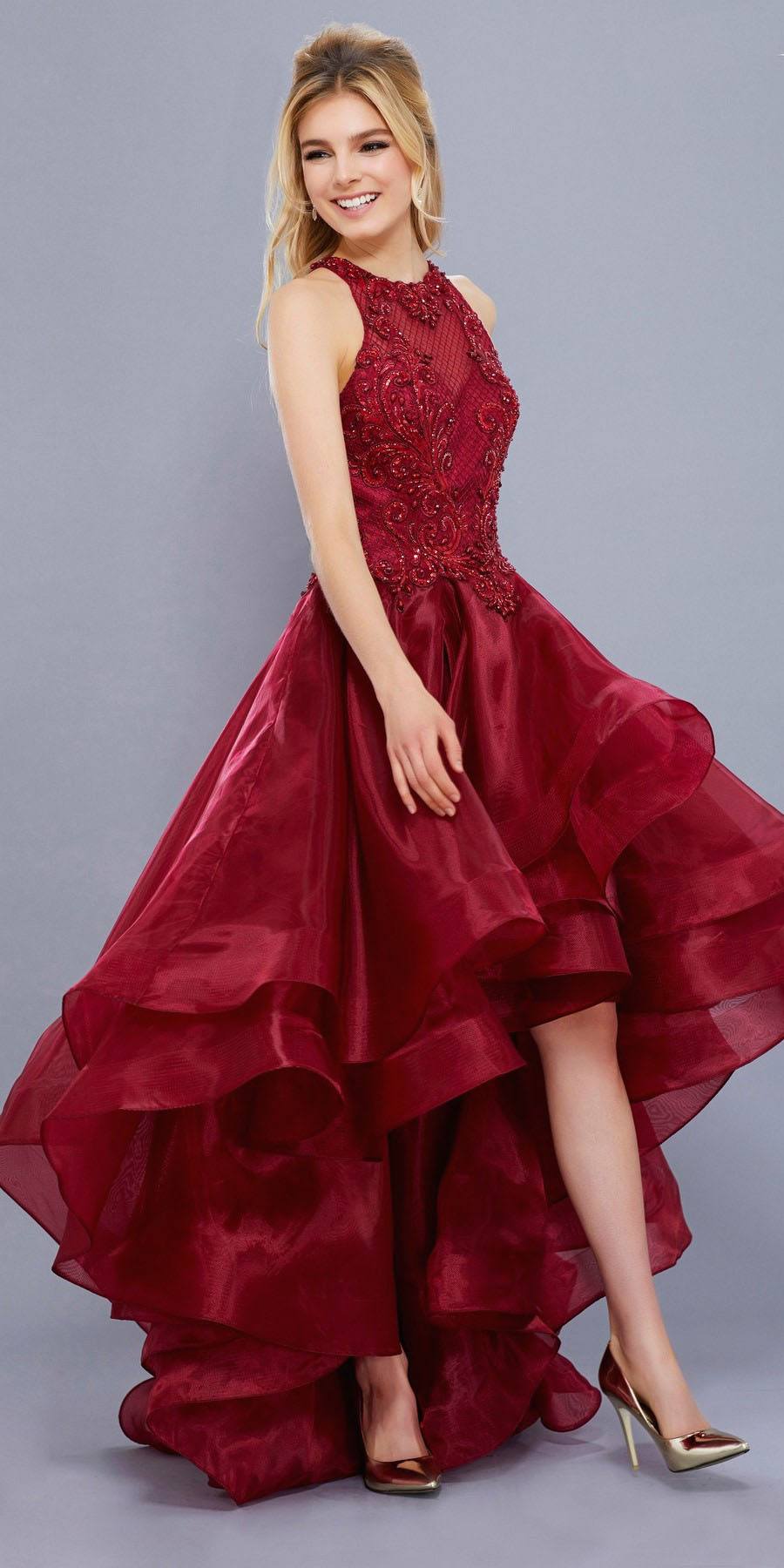 Red High Low Prom Dress With Bead Applique Bodice And Train Discountdressshop 9065