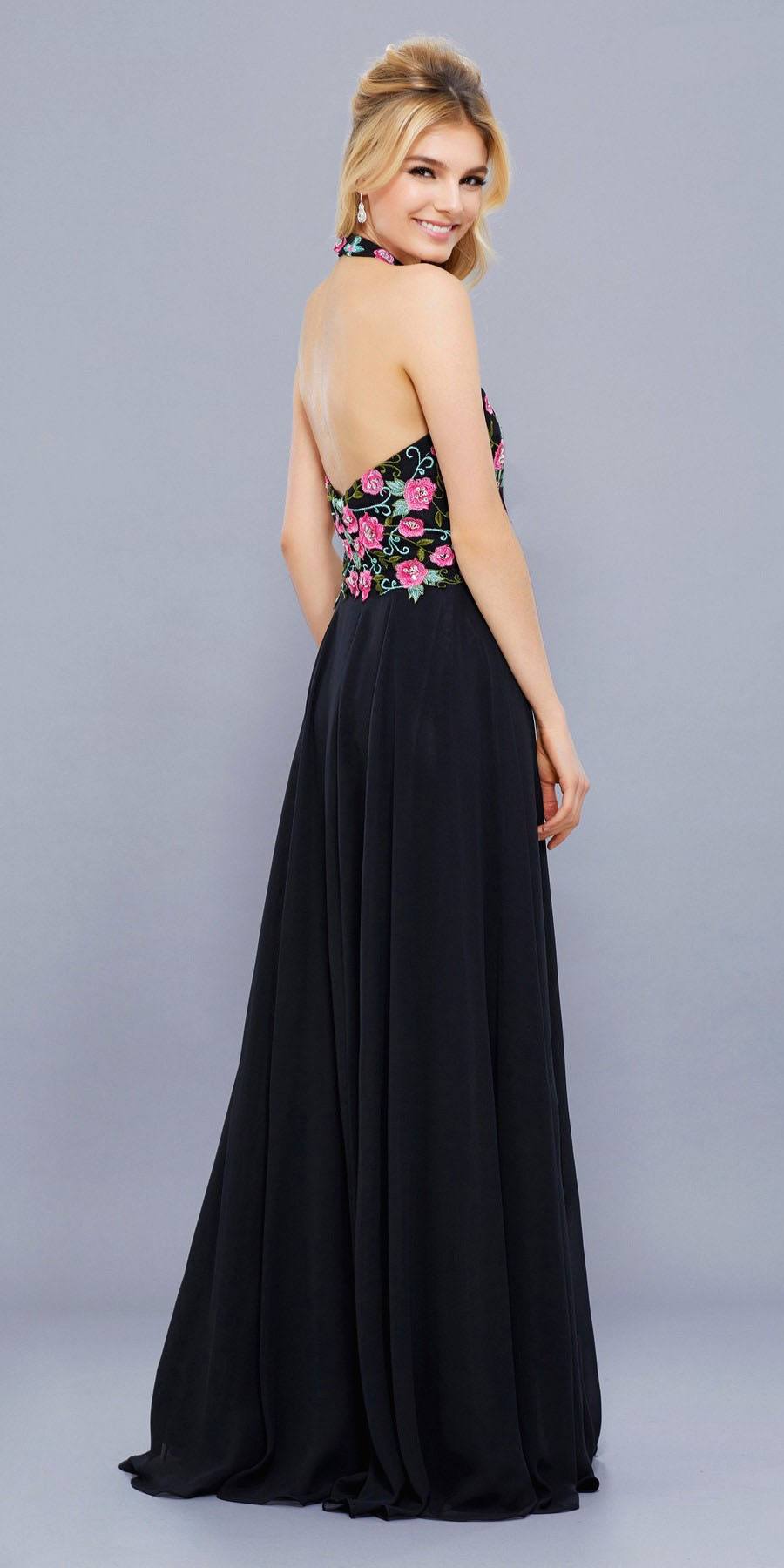  Black  Embroidered Bodice Halter Open  Back  Long  Formal  