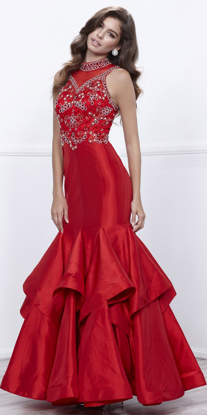 Red Jeweled Bodice High-Neck Tiered 