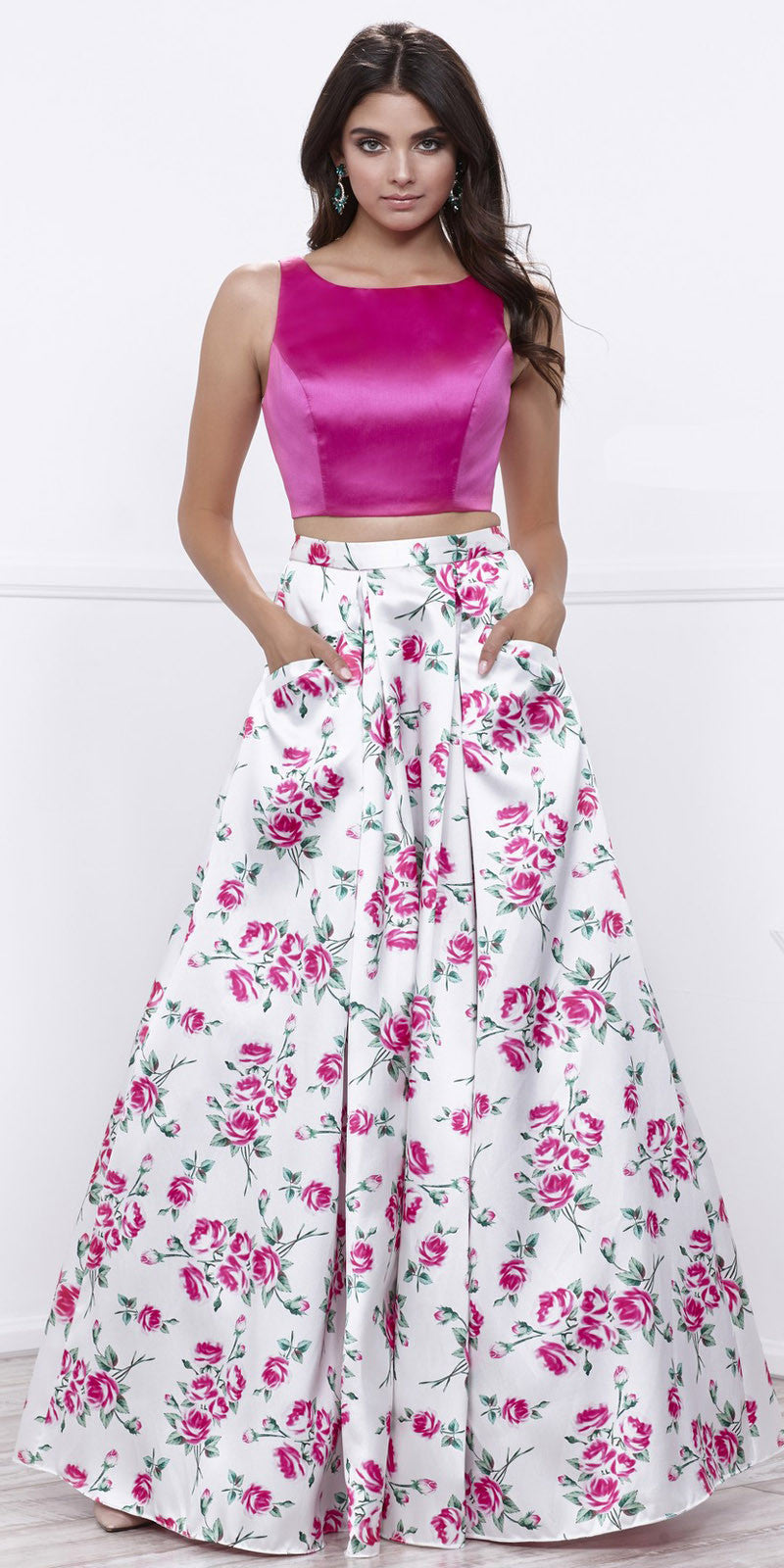 Fuchsia Satin Crop Top Long Printed Skirt Prom Dress with Pockets ...