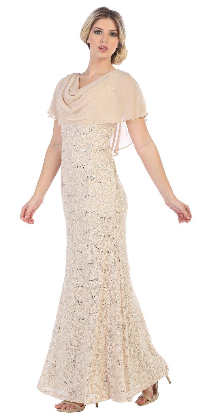 Sally Fashion 8851 Lace Khaki Long Formal Dress Cowl Neck with Chiffon ...