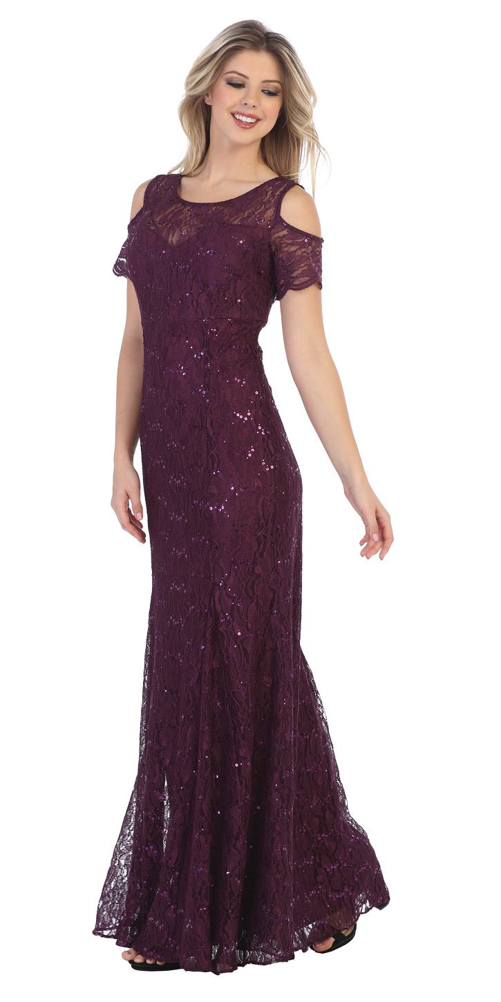 Sally Fashion 8858 Lace Long Formal  Dress  with Cold  