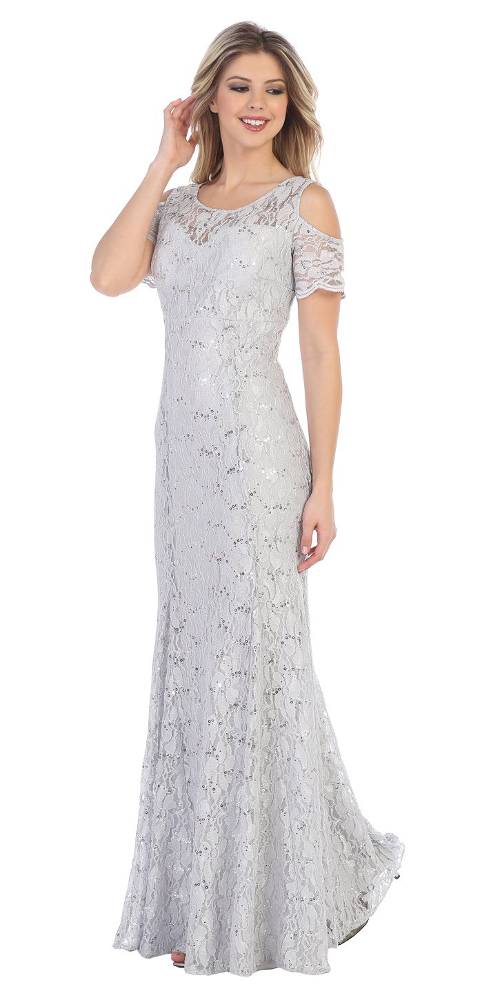 Sally Fashion 8858 Lace Long Formal  Dress  with Cold  