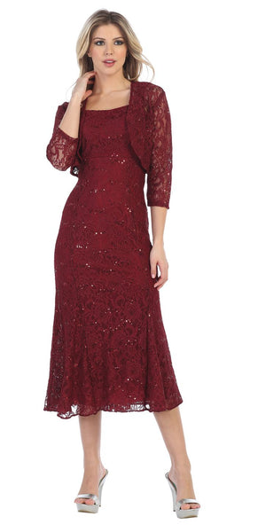 Sally Fashion 8863 Burgundy Tea Length Semi Formal  Dress  