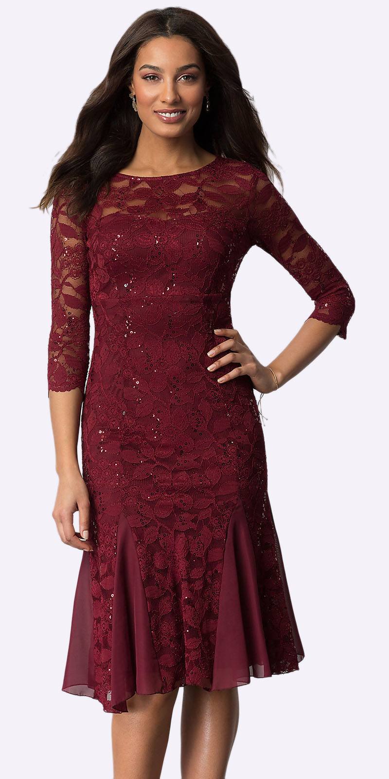 burgundy-midi-length-lace-wedding-guest-dress-semi-formal-wedding-photos