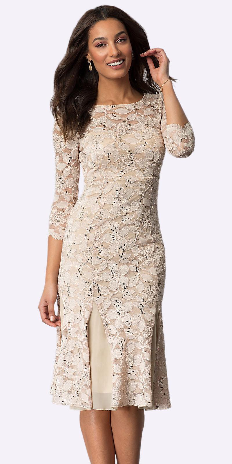 Sally Fashion 8864 Peach Mid Sleeved Lace Wedding Guest Dress Tea Length Discountdressshop 3507