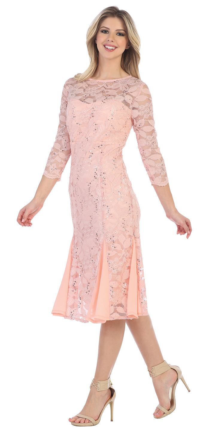 Sally Fashion 8864 Peach Mid-Sleeved Lace Wedding Guest ...