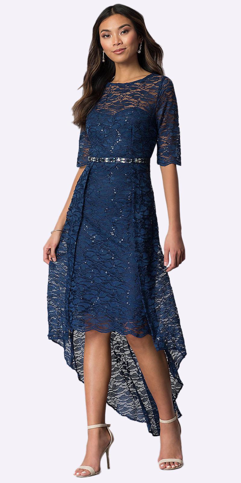 Sally Fashion 8868 Navy Blue High Low Semi Formal Dress With Mid Length