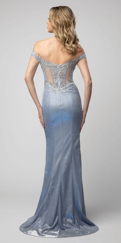 Juno 938 Metallic Blue Off-Shoulder Long Prom Dress with Slit ...