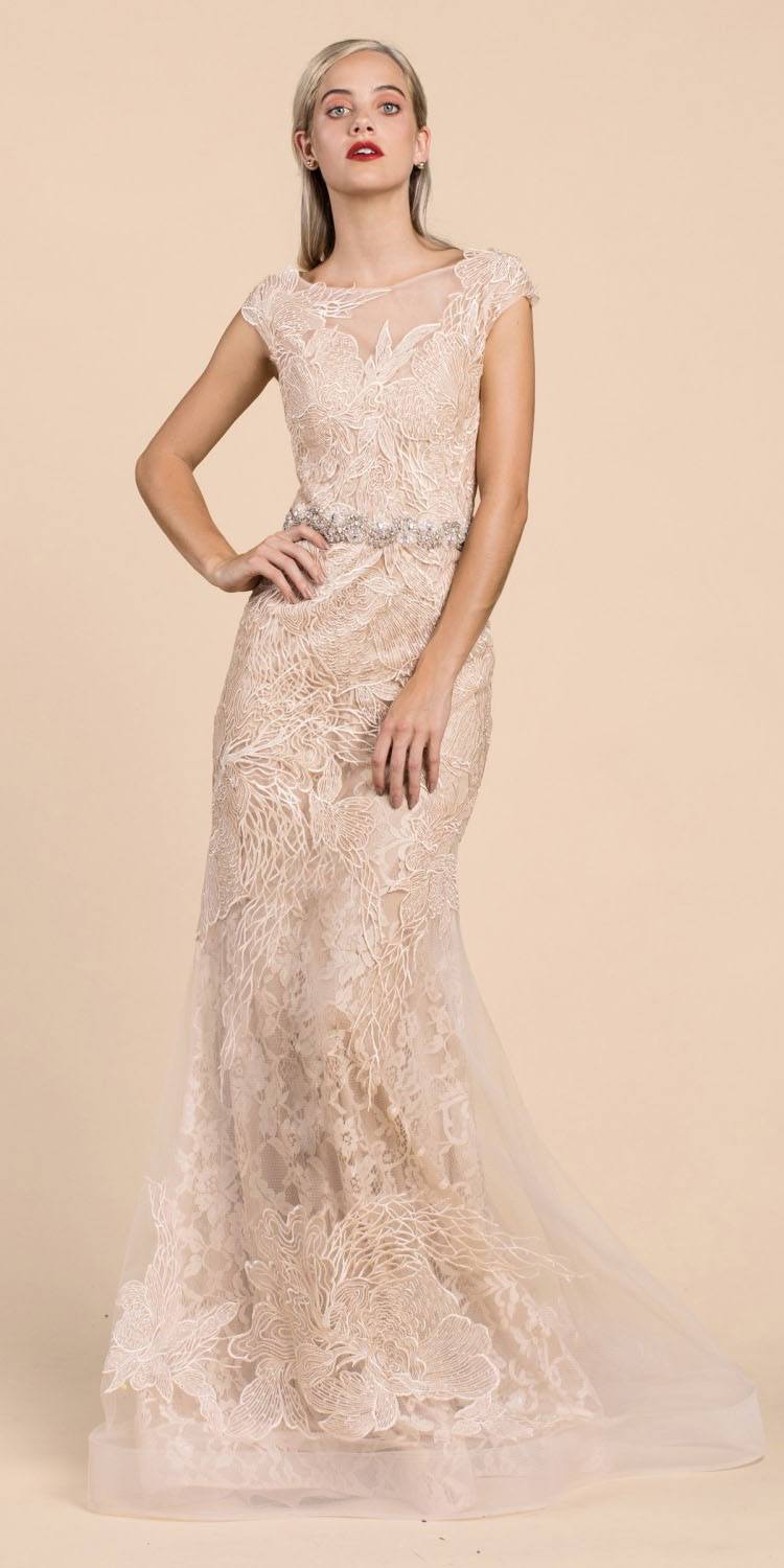lace cap sleeve evening gown