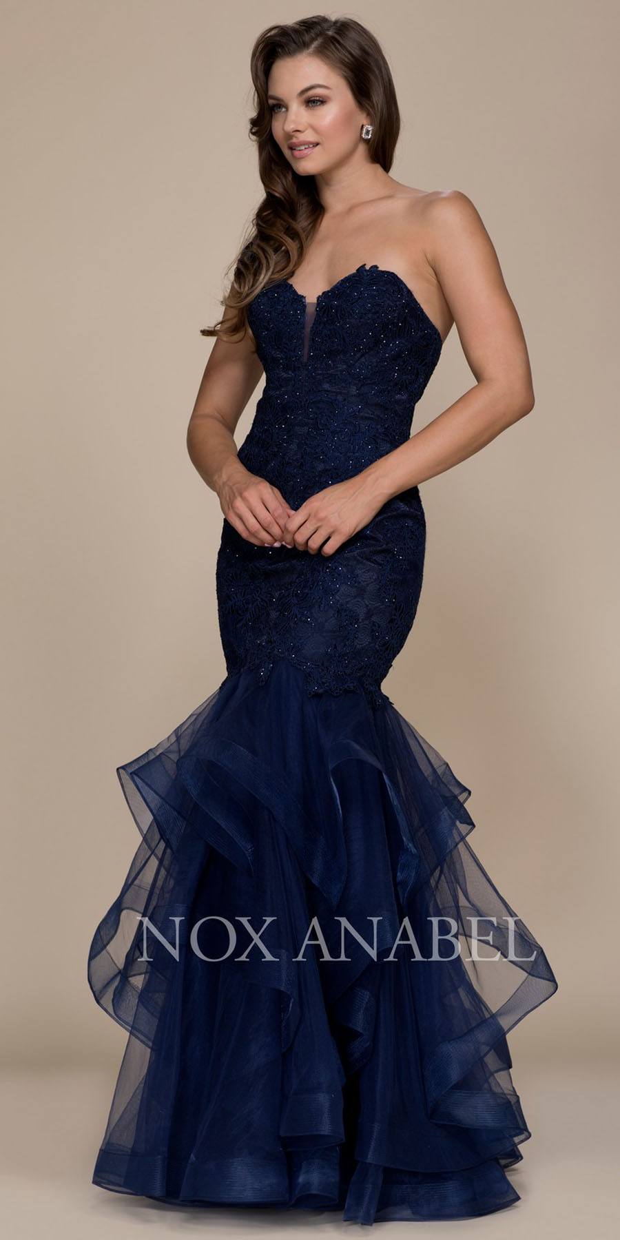 navy strapless prom dress