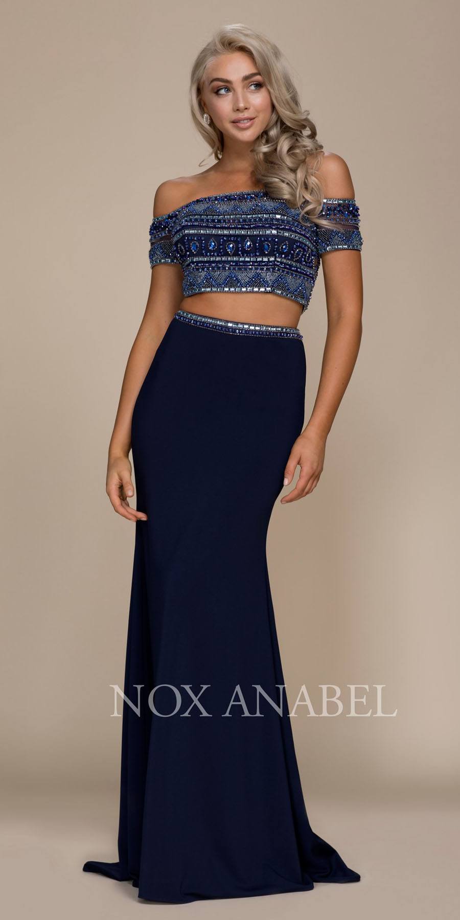 two piece off shoulder prom dress