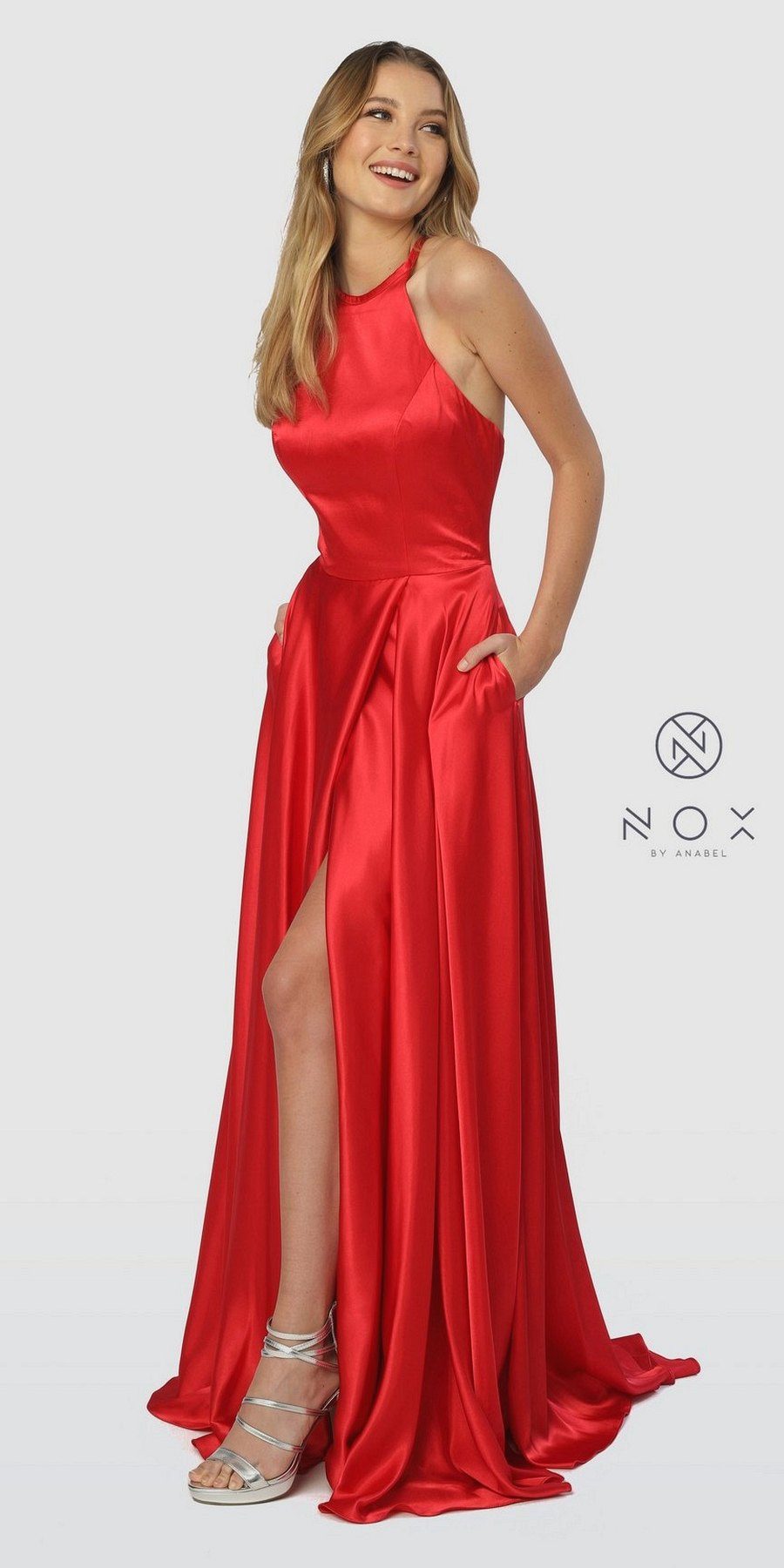 red silky long dress