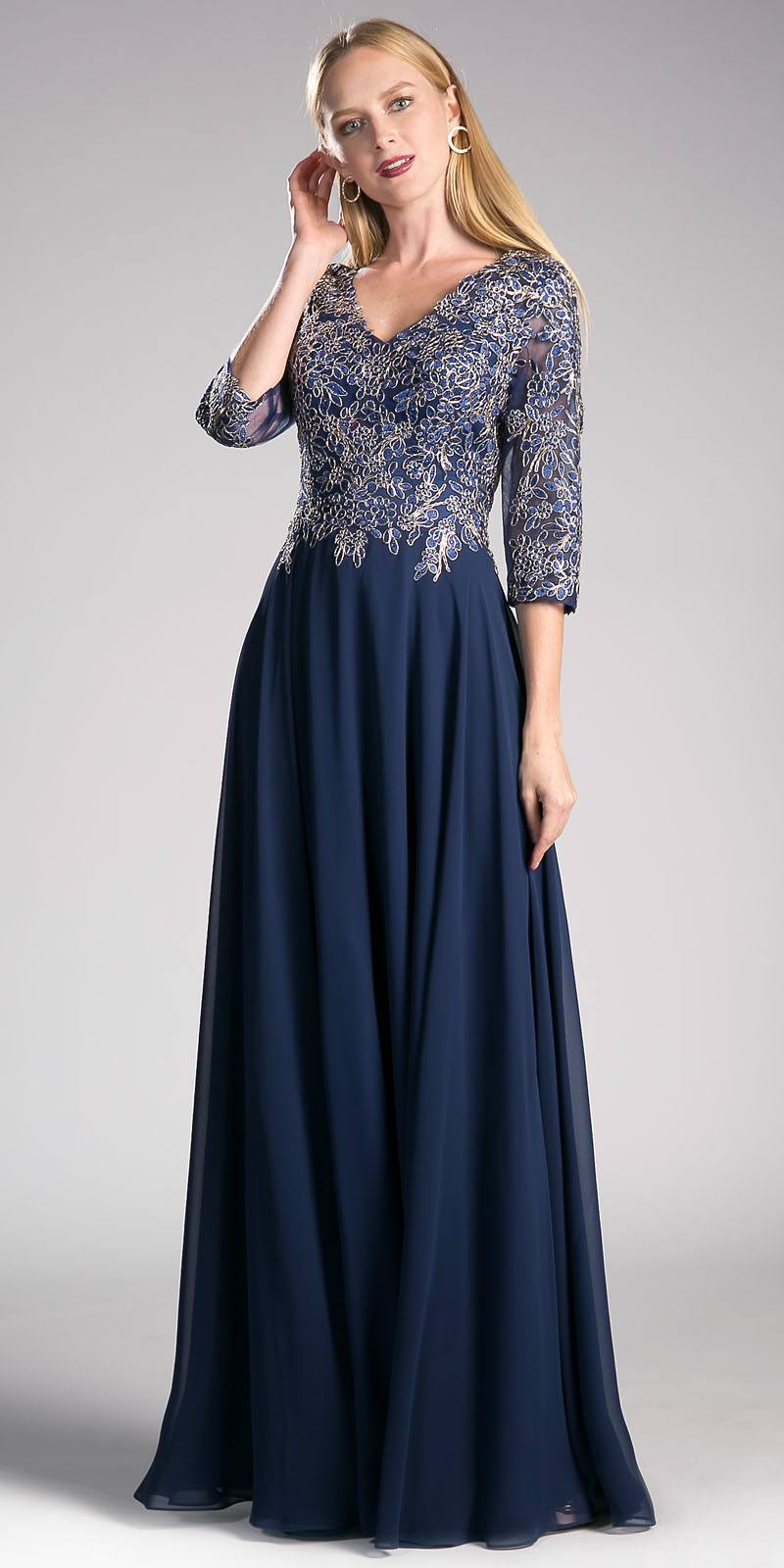 Cinderella Divine CD0122 Mocha Long Formal Dress Mid-Sleeve Appliqued ...