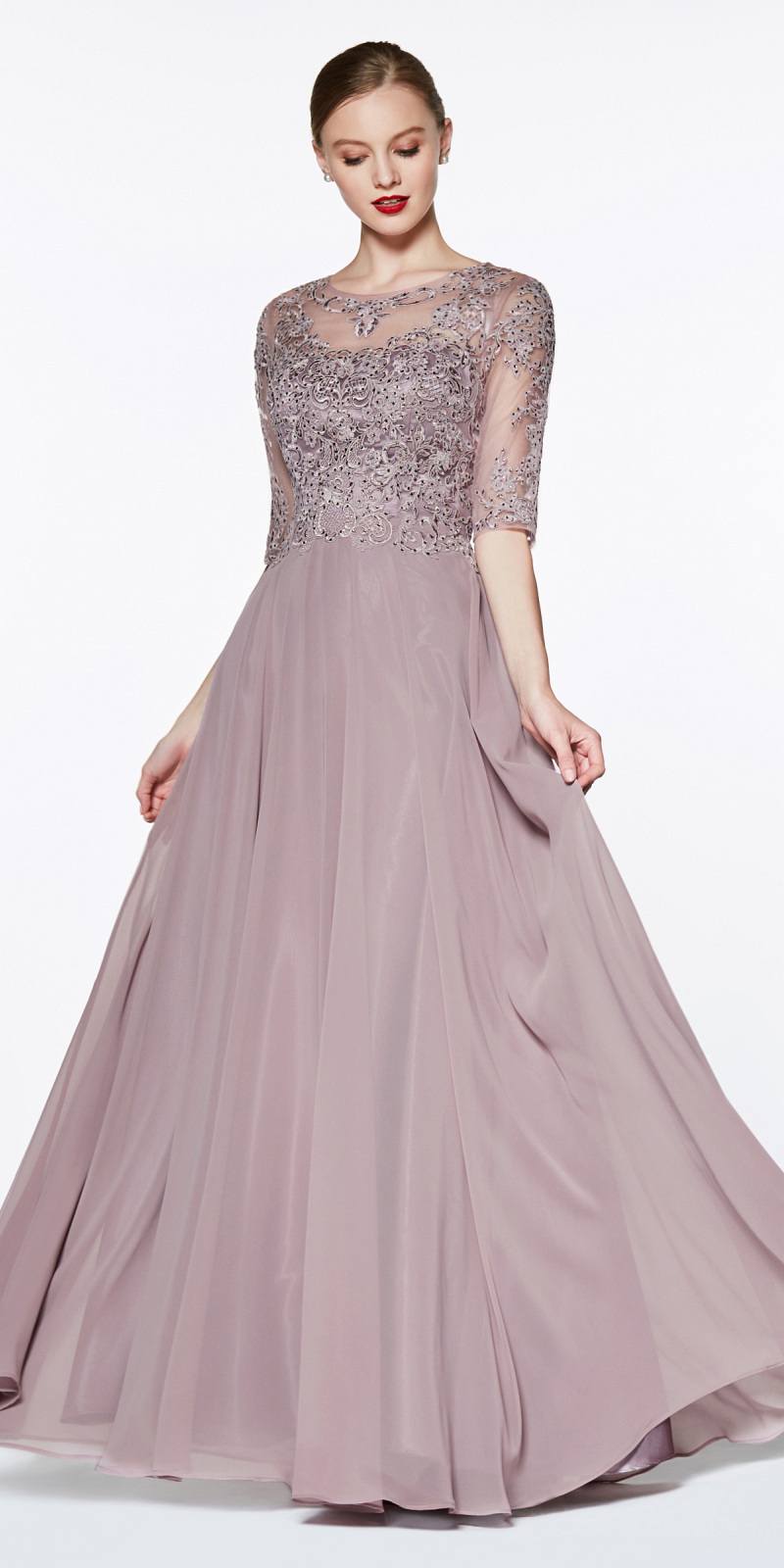 Cinderella Divine CD0130 Mauve Chiffon Long Mother of Groom Dress 3/4 ...