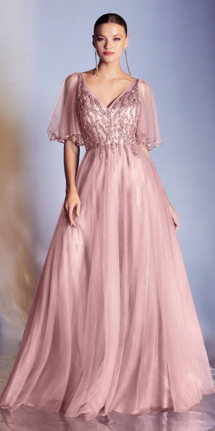 Download Cinderella Divine Cd0175 Floor Length Layered Tulle A Line Rose Gold Gown Butterfly Sleeve Discountdressshop