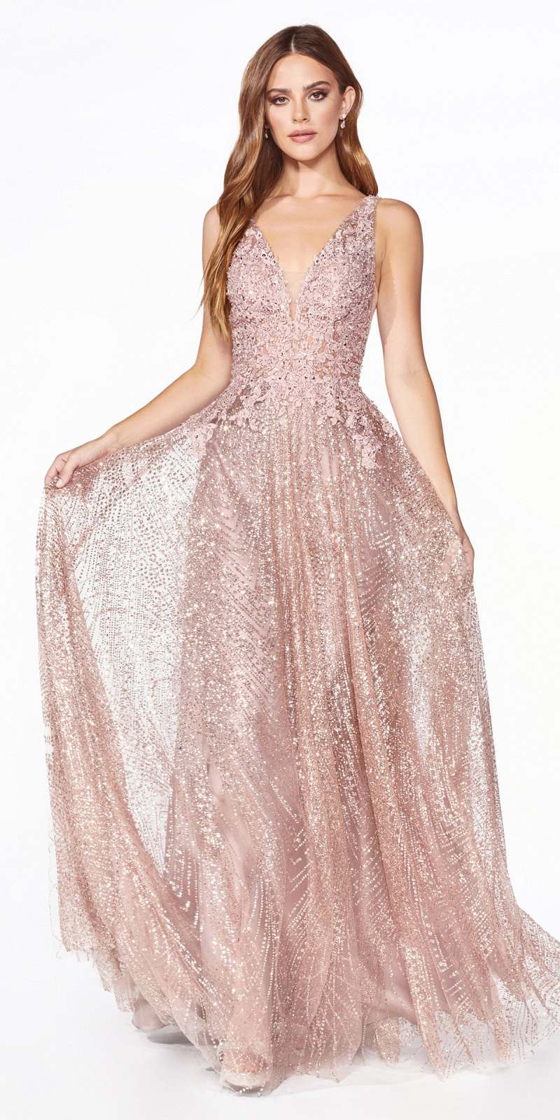 Cinderella Divine CJ540 Long A-Line Gown Rose Gold Embellished Lace ...