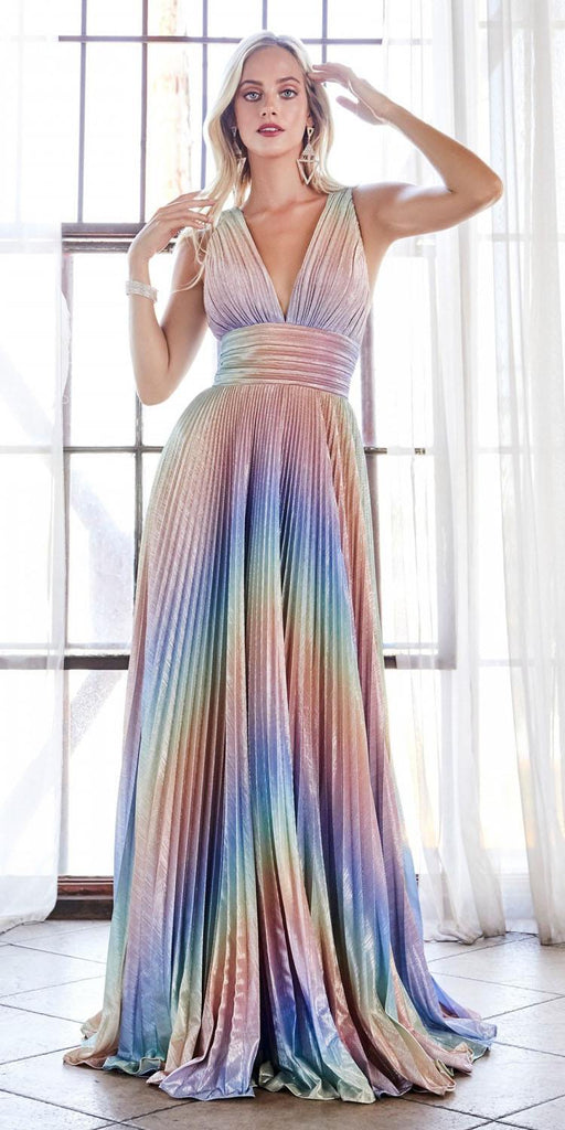 Cinderella Divine CW223 Long A-Line Rainbow Dress Metallic Pleated ...