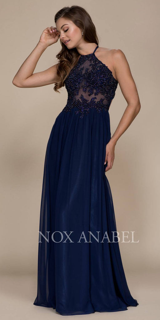 Halter Appliqued Bodice Long Prom Dress Cut Out Back Navy Blue Discountdressshop 9906