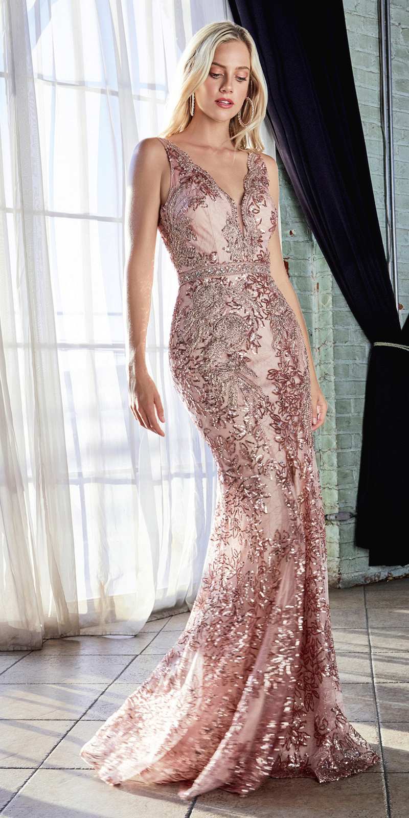 Cinderella Divine Ht062 Floor Length Sheath Fitted Lace Gown Rose