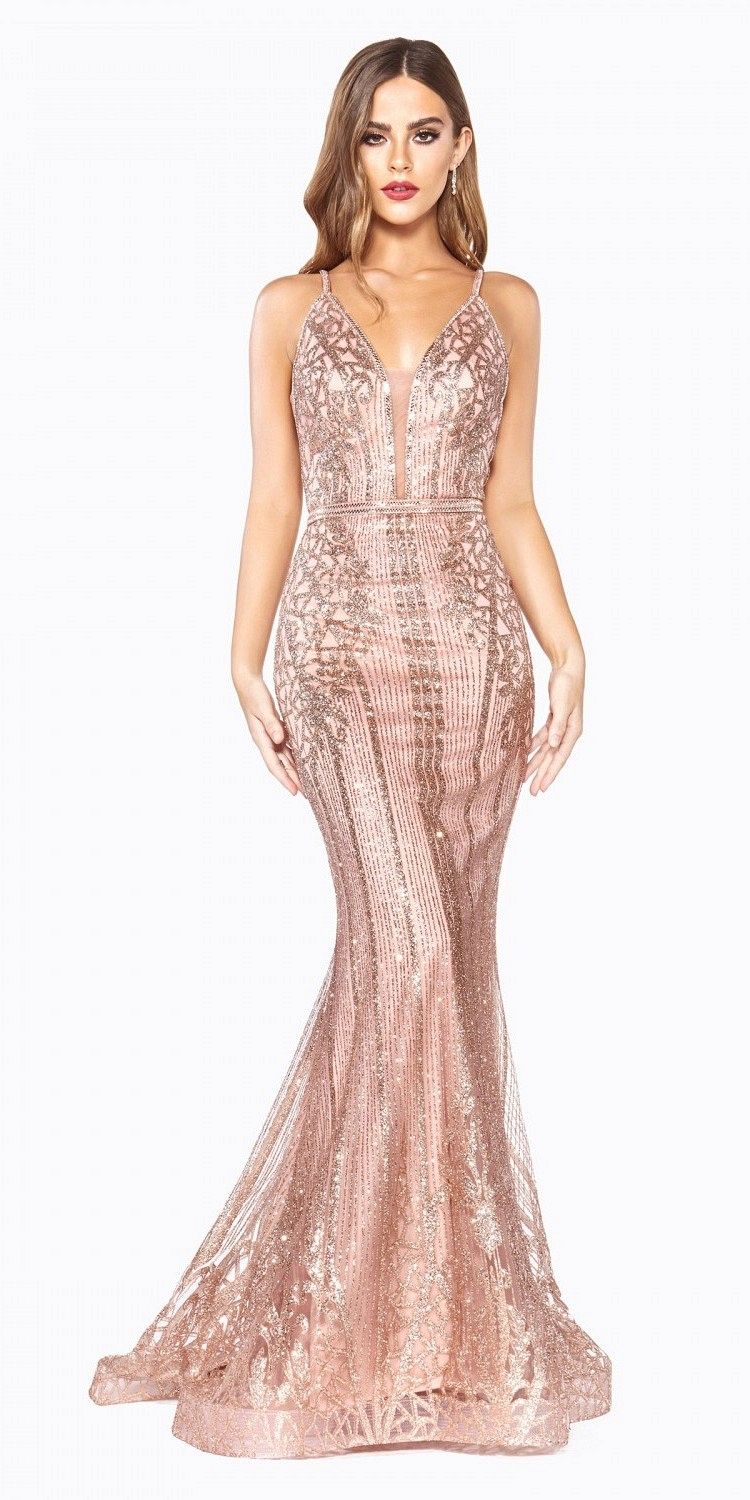 Cinderella Divine J8795 Floor Length Fitted Dress Rose Gold Art