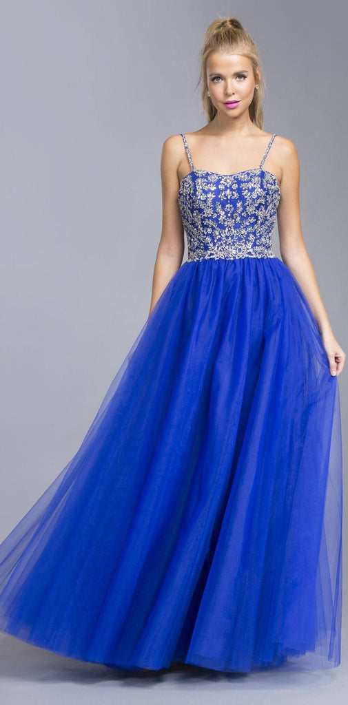 Aspeed USA L1945 Royal Blue Beaded Tulle Prom Gown with Spaghetti ...