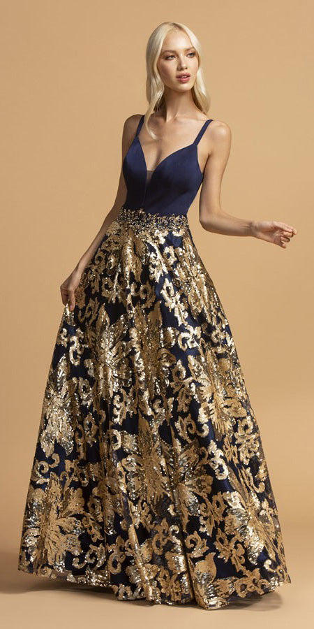 navy blue and gold sequin dress